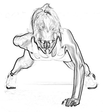 Muscular bodybuilder: push-up with barbells, plank pose. Naked body,  determination training Stock Photo by StudioVK